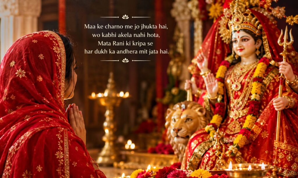Devotee with folded hands praying before a Mata Rani idol