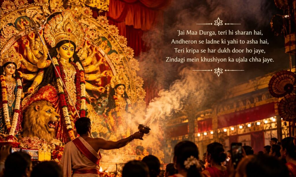 Durga Puja pandal with a large idol and dhunuchi smoke