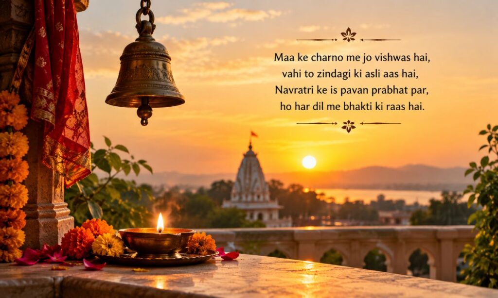 Sunrise behind a temple bell and a diya