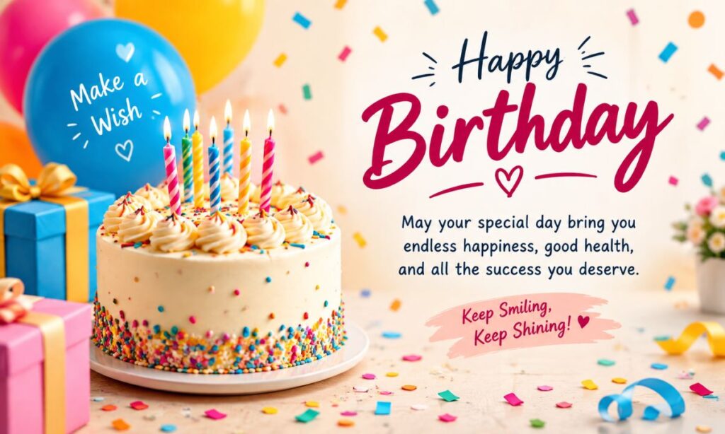 Birthday card with English greeting and confetti