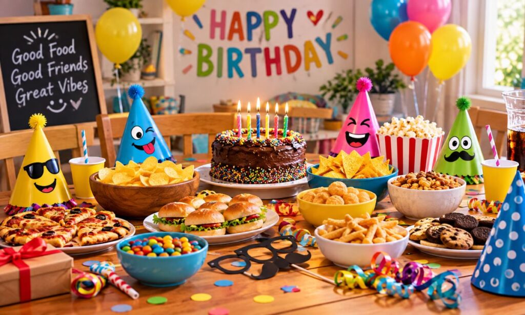 Birthday party table with snacks and paper hats