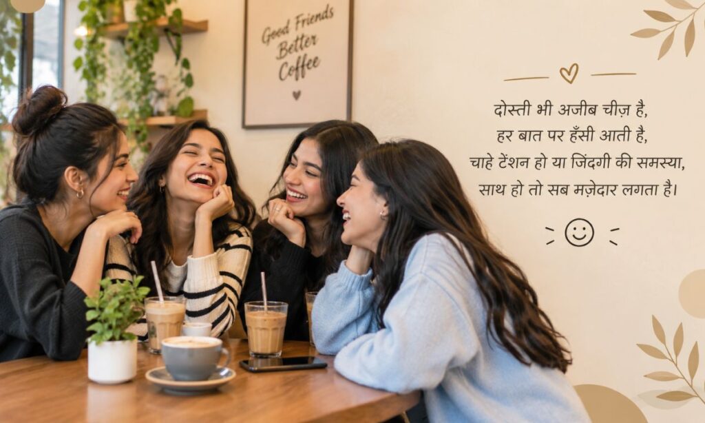 Cafe mein baithi hansti hui saheliyon ki tasveer
