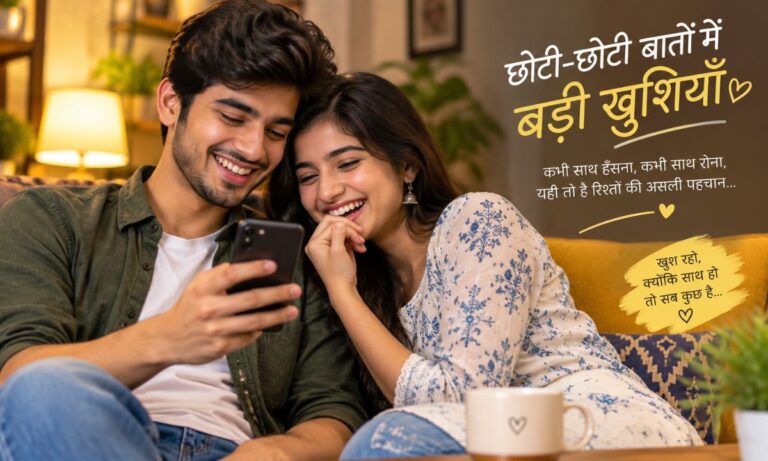 Couple laughing at funny love shayari on phone