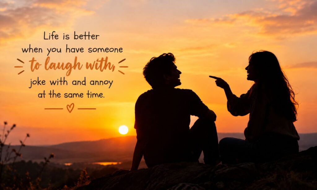 Couple sharing funny love shayari moment at sunset