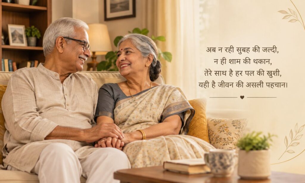 Elderly couple holding hands and smiling together