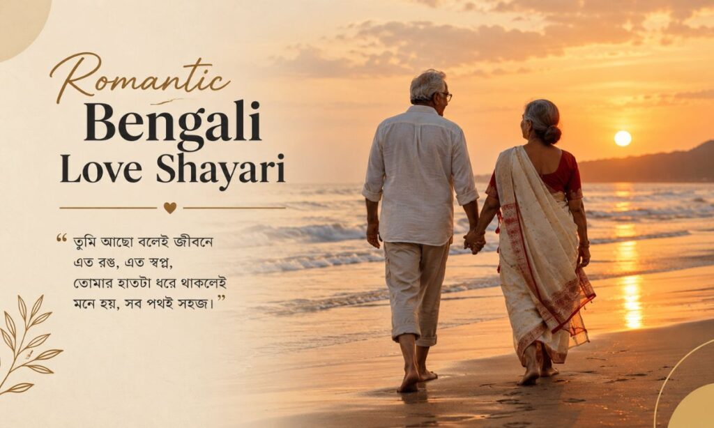 Elderly couple walking beach sunset enduring Bengali love story shayari
