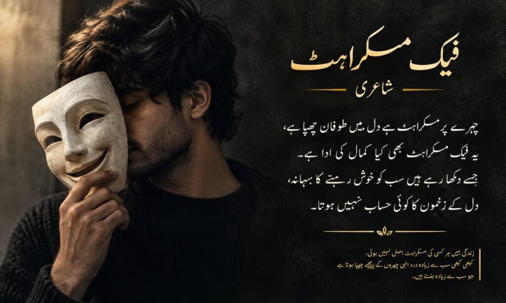 Fake smile shayari Urdu calligraphy image