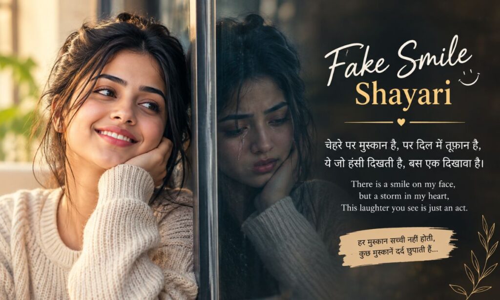 Fake smile shayari with English translation dual emotion image