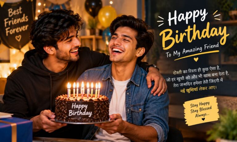 Friends laughing while holding birthday cake with candles