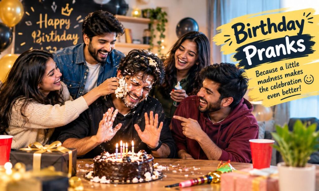 Friends playing a prank during birthday celebration