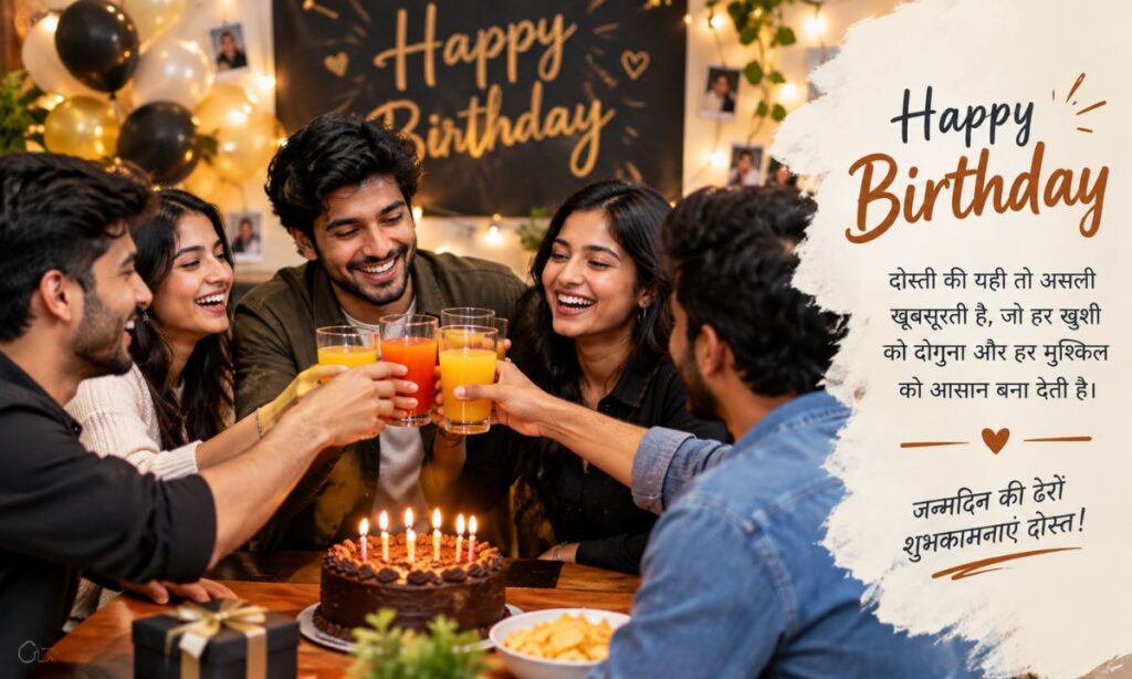 Friends toasting juice glasses during birthday celebration