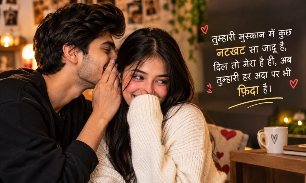 Girlfriend blushing while boyfriend whispers to her