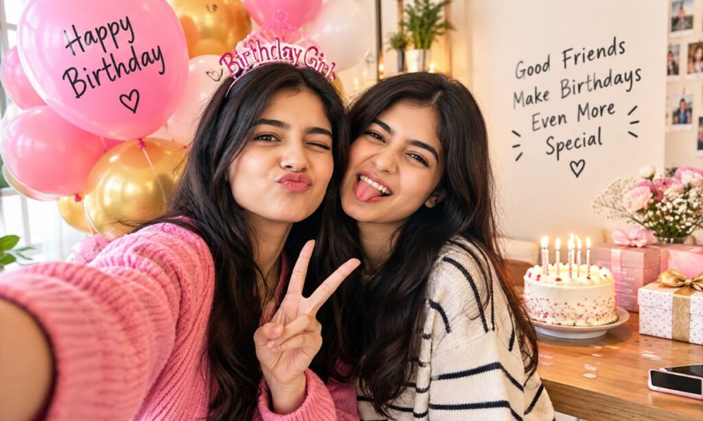 Girls taking a funny selfie with birthday balloons
