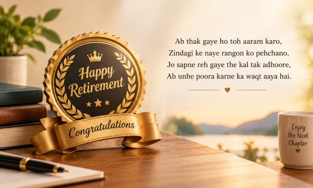 Golden retirement badge with congratulations ribbon