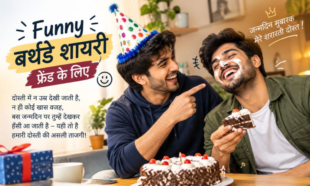 Guys joking with birthday cap and cake slice