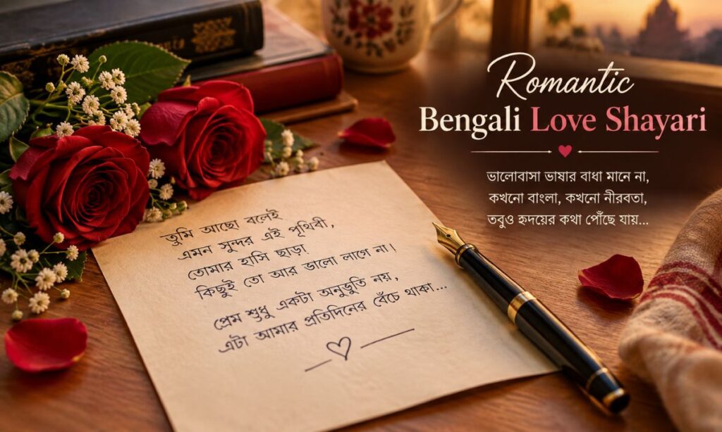 Handwritten love letter with pen and flower Bengali love shayari
