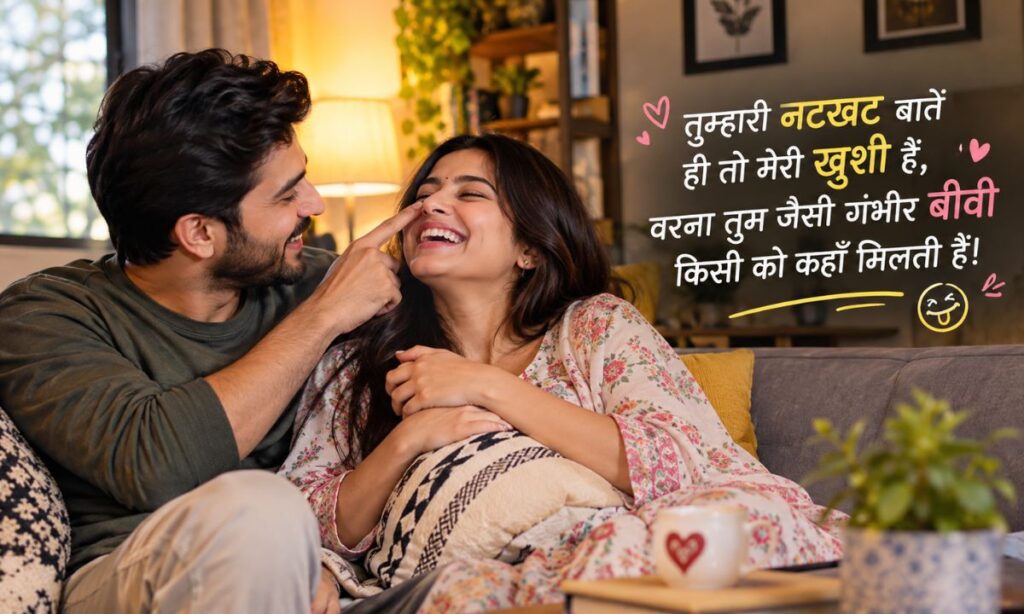 Husband and wife laughing together at home