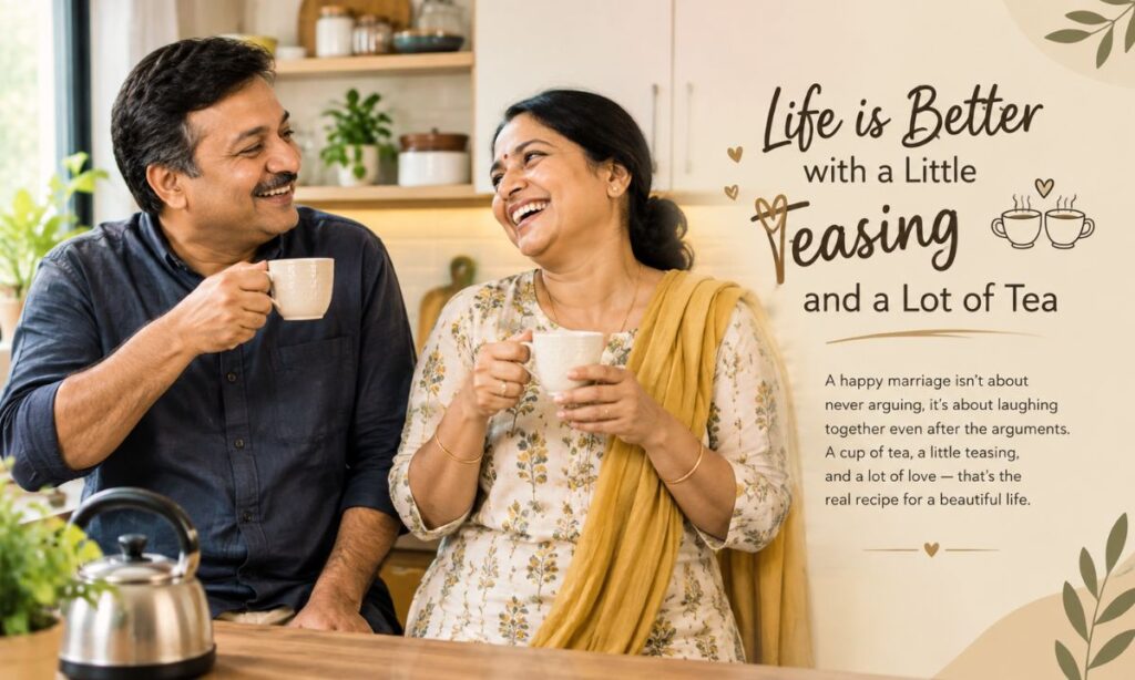 Husband and wife sharing funny shayari moment in kitchen