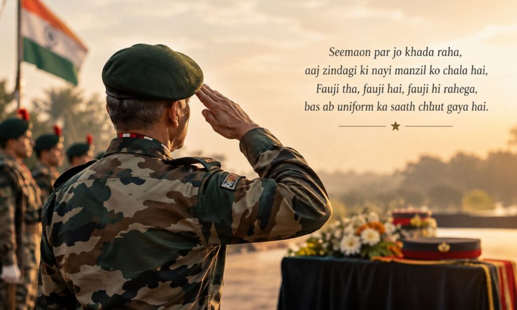 Indian army soldier saluting during retirement ceremony