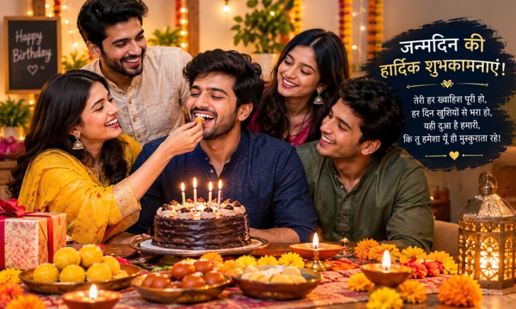 Indian birthday celebration with sweets and playful mood