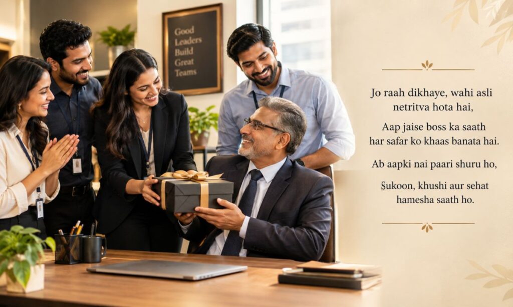 Office team presenting a farewell gift to their boss
