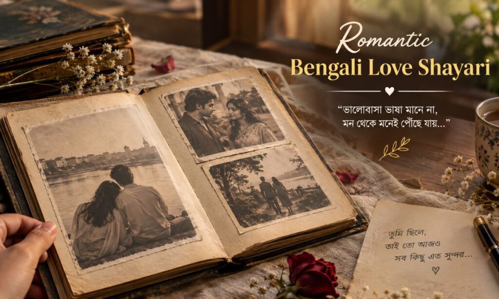 Old photo album open nostalgic Bengali love story shayari