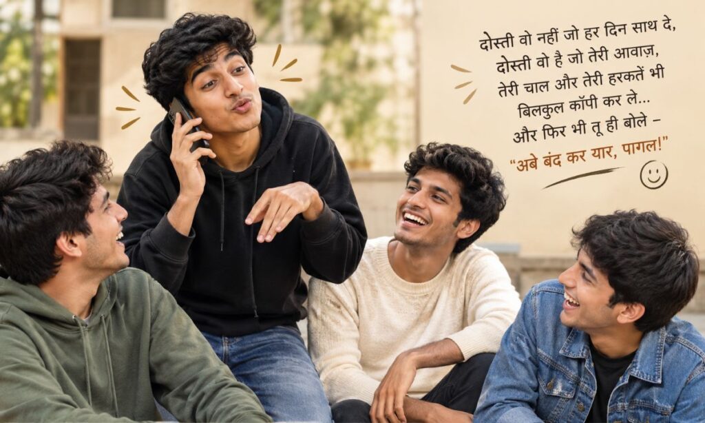 Phone par baat karte hue hansta dosto ka samooh