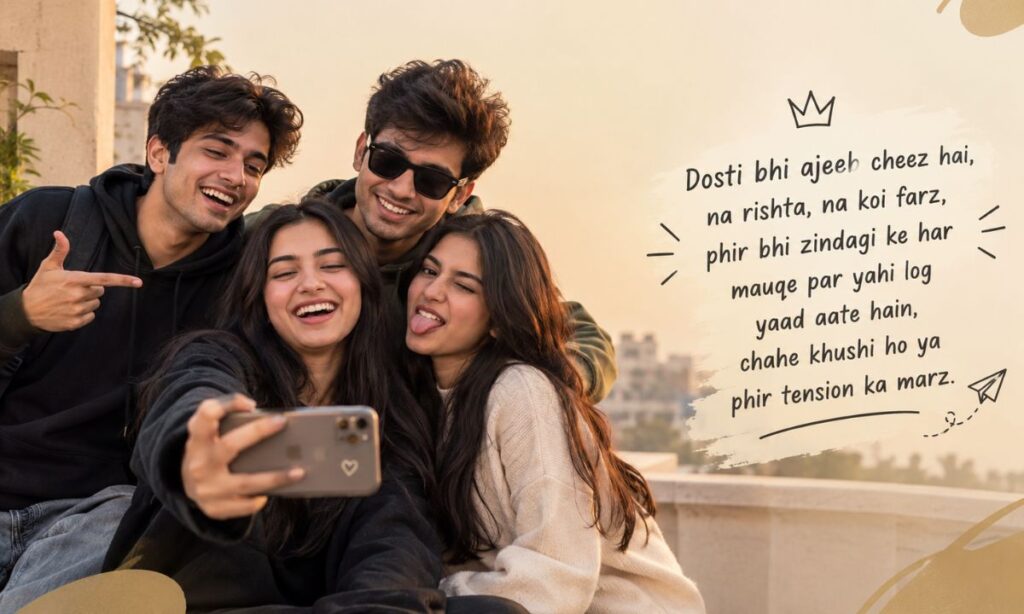 Phone par story post karta hua dosto ka samooh