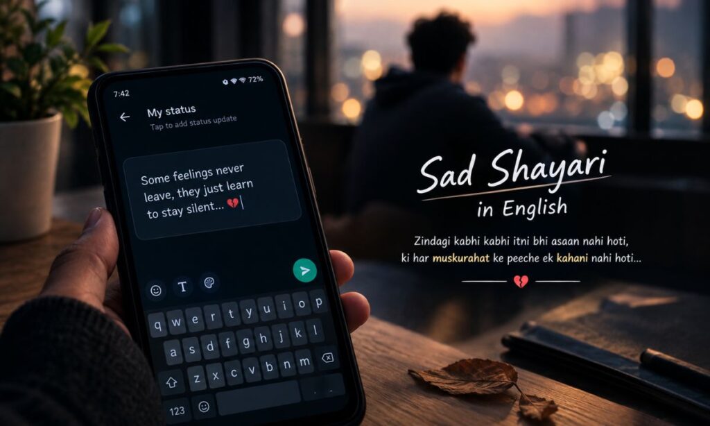 Phone screen showing a status text input box with a blurred background