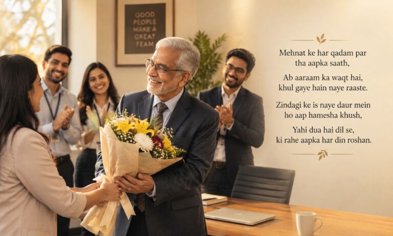 Retired employee receiving farewell bouquet from colleagues