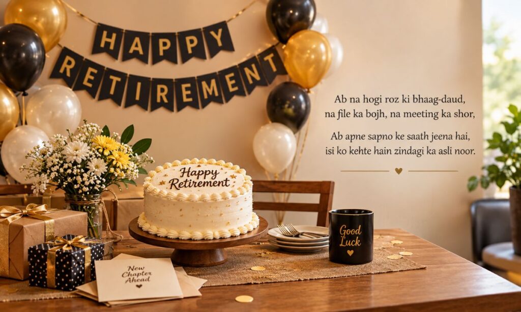 Retirement party setup with cake and balloons