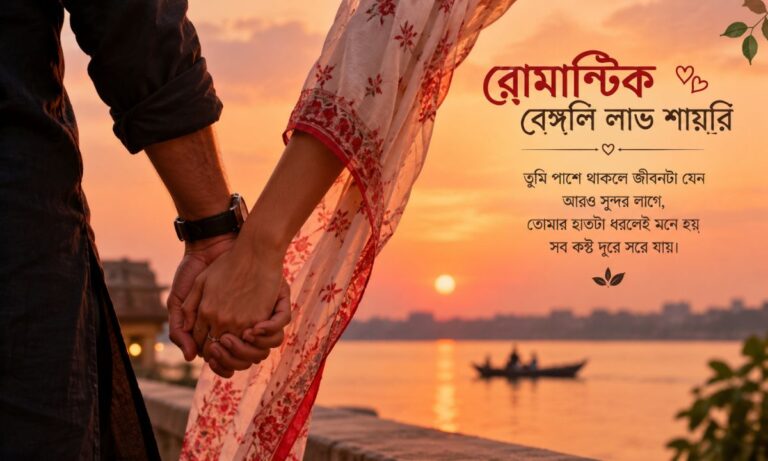 Romantic Bengali love shayari couple holding hands at sunset