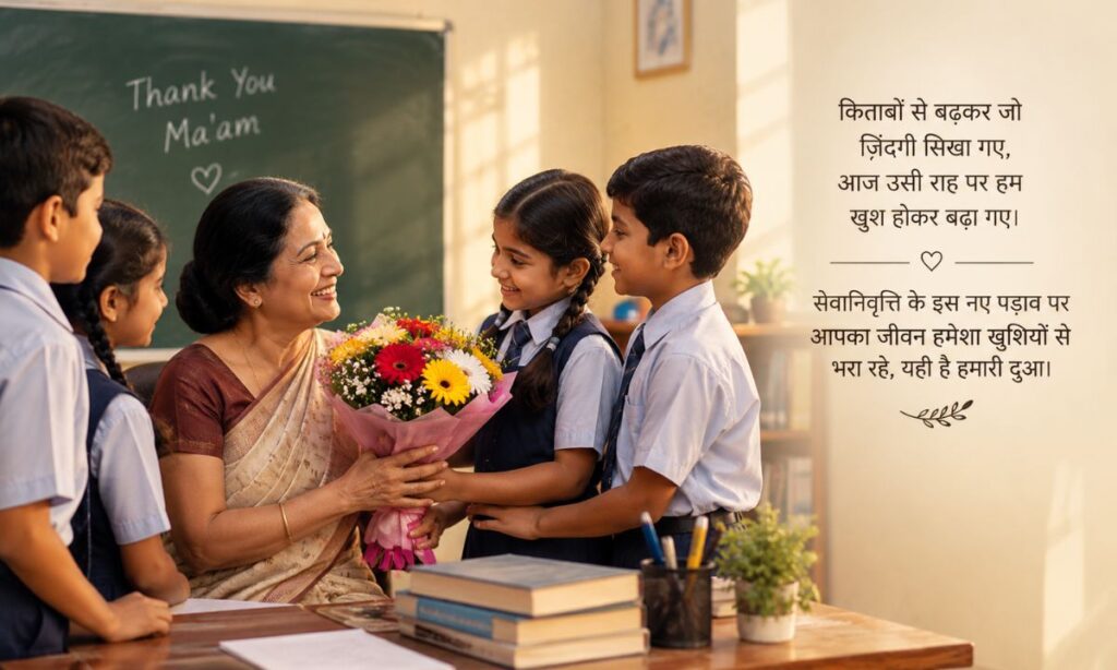 Teacher receiving flowers from students in classroom