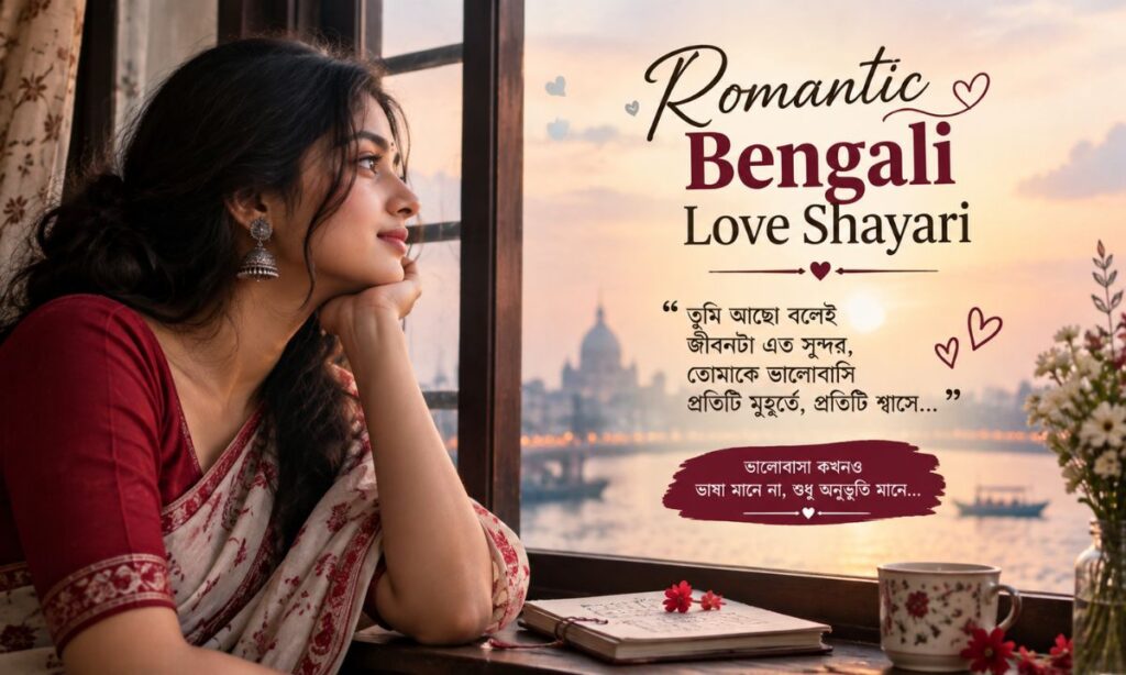 Woman standing by window soft light romantic Bengali shayari for her