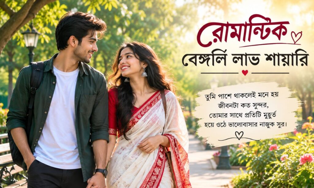 Young couple walking in park playful romantic Bengali shayari for girlfriend